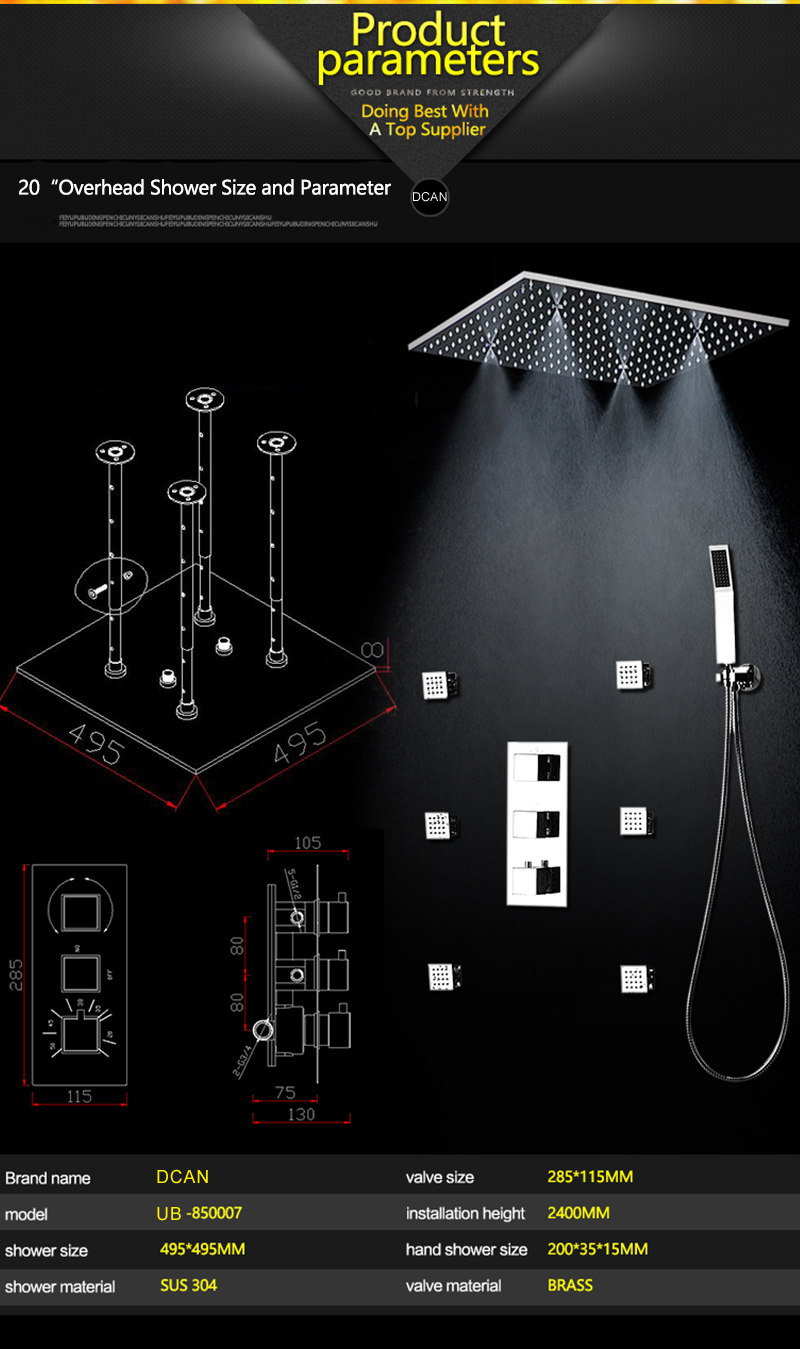 20'' Bathroom Shower Accessories Temperature Control Square Mist Shower Sets Ceiling And Handheld Shower & 2 Inch Body Jets (15)