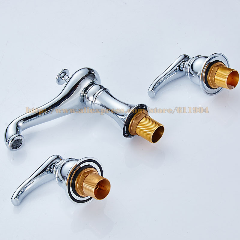 3 Pcs Brass Bathroom Faucet Three Hole Basin Sink Faucet Mixer