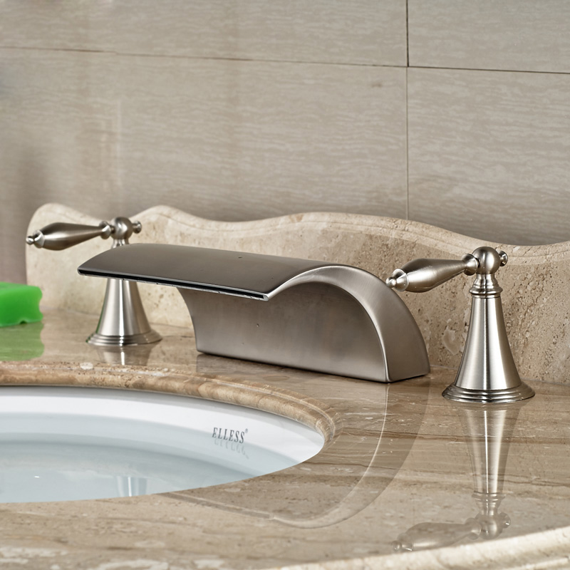 Modern-Brass-Deck-Mounted-Dual-Handles-Bathroom-Basin-Mixer-Faucet-Tap-Brushed-Nickel-Waterfall-Spout