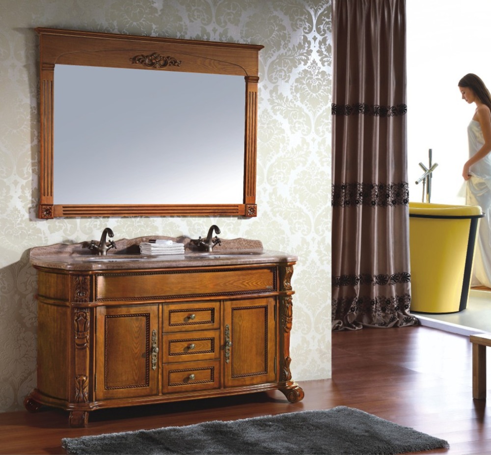 Antique Style Brown Color Double Sink Wooden Bathroom 0281B