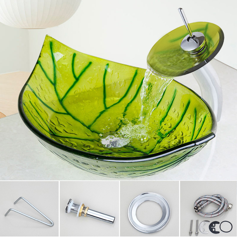 CN Bathroom Leaf Design Glass Basin Container Sink Brass Mixer Faucet Drain Set