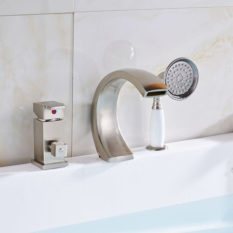 Brushed Nickel 3pcs Bathtub Pull Out Basin Faucet Hot And Cold