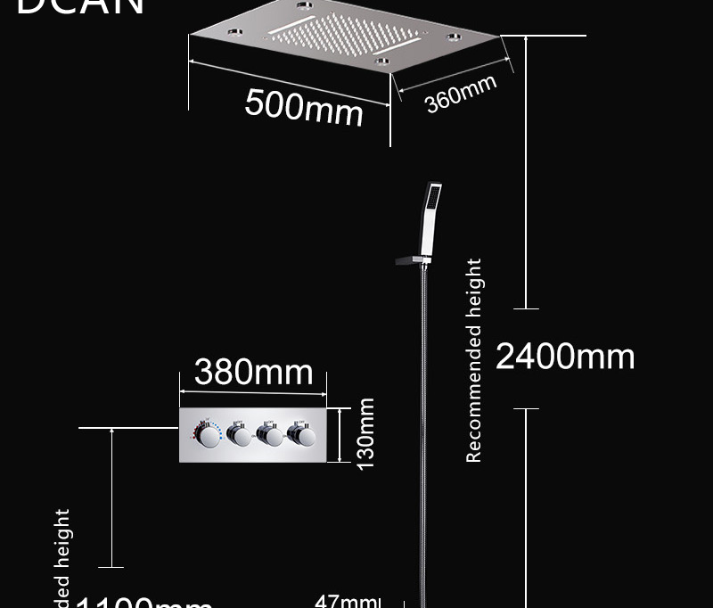 LED Ceiling Shower Head Rain Waterfall Shower Massage Jets Wall Mounted Panel Tap Sets Thermostatic Mixer (12)