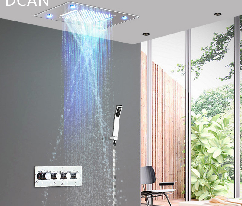 LED Ceiling Shower Head Rain Waterfall Shower Massage Jets Wall Mounted Panel Tap Sets Thermostatic Mixer (14)