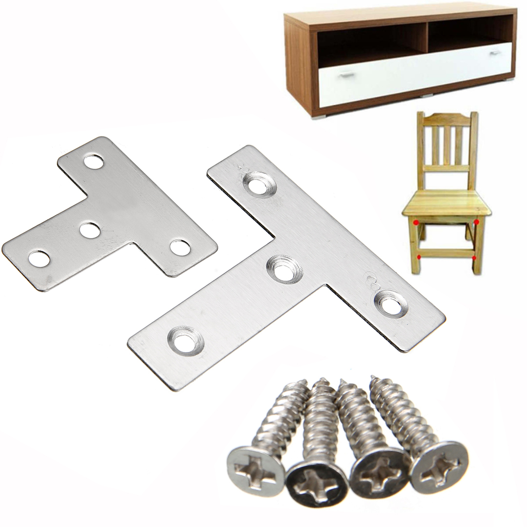 4pcs/set Stainless Steel Flat T Shape Tee Repair Plate Bracket Corner Brace 40/60mm With  Screws Mayitr New Arrival