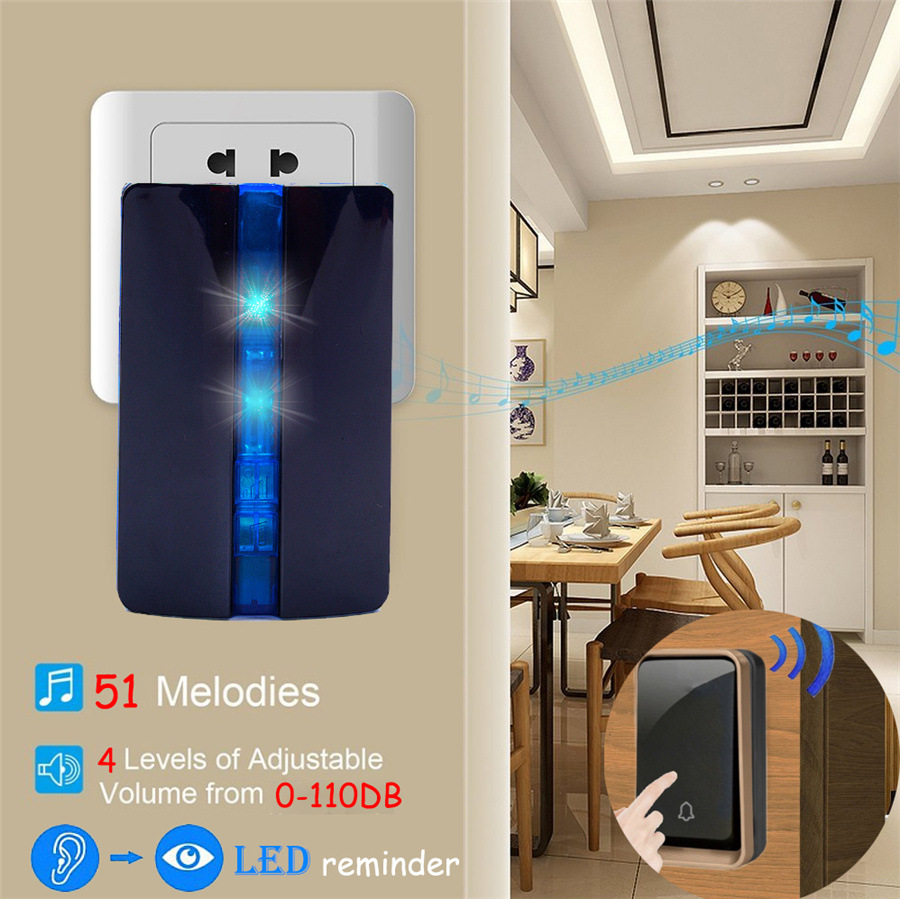SMATRUL NEW Wireless doorbell NO BATTERY self powered waterproof LED light 51 Music 150M Remote smart home Door bell chime EU Plug AC 110-220V 1 2 Button 1 2 receiver 3