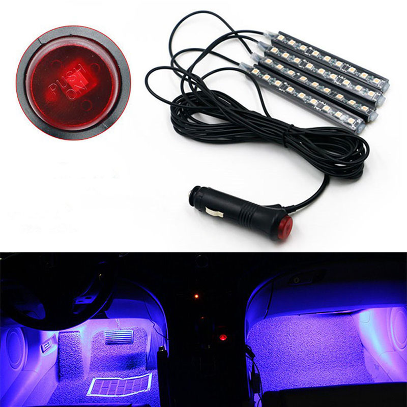 4pcs 9LED Car Charge Interior Foot Floor Atmosphere Light Strip Lamp Blue