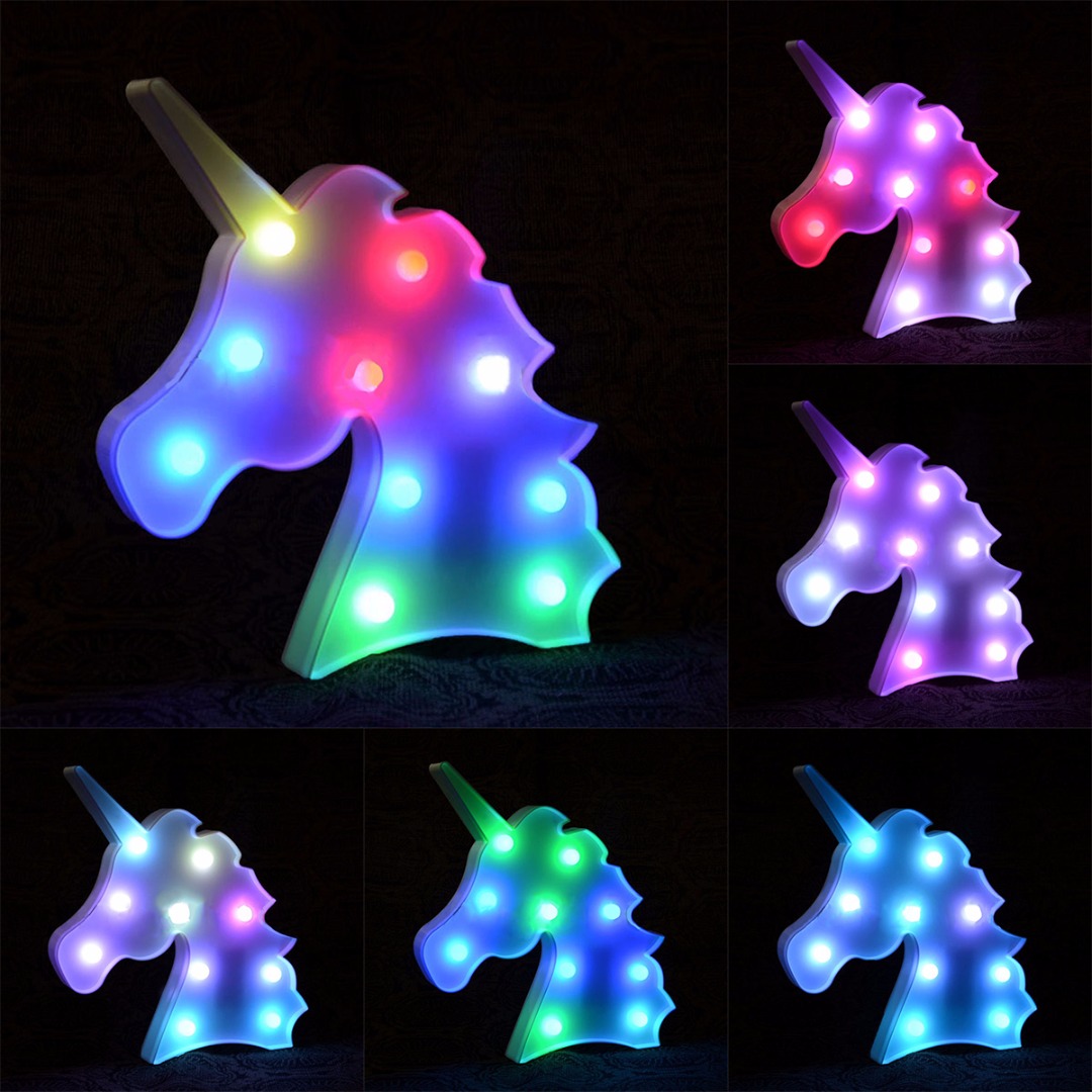 IKVVT Creative Colorful Unicorn Head LED Night Light Up Table Lamp Kids Bedroom Home Decor