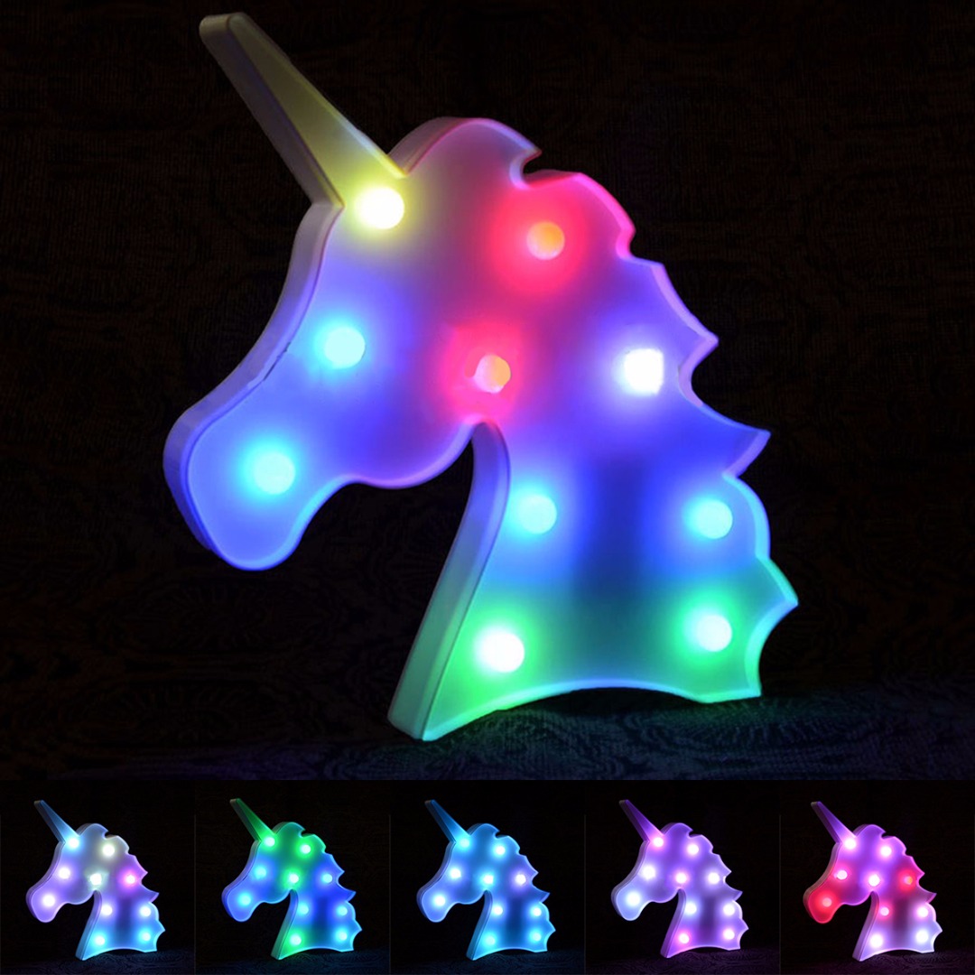 IKVVT Creative Colorful Unicorn Head LED Night Light Up Table Lamp Kids Bedroom Home Decor