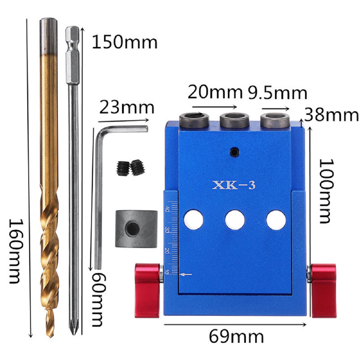 XK-3 Pockets Hole Jig Woodwork Guide Repair Carpenter Kit System 9.5mm Drill Bit 3 Holes Woodworking Oblique Drill Guide Locator