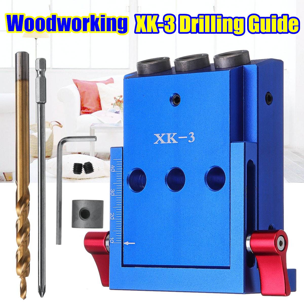 XK-3 Pockets Hole Jig Woodwork Guide Repair Carpenter Kit System 9.5mm Drill Bit 3 Holes Woodworking Oblique Drill Guide Locator