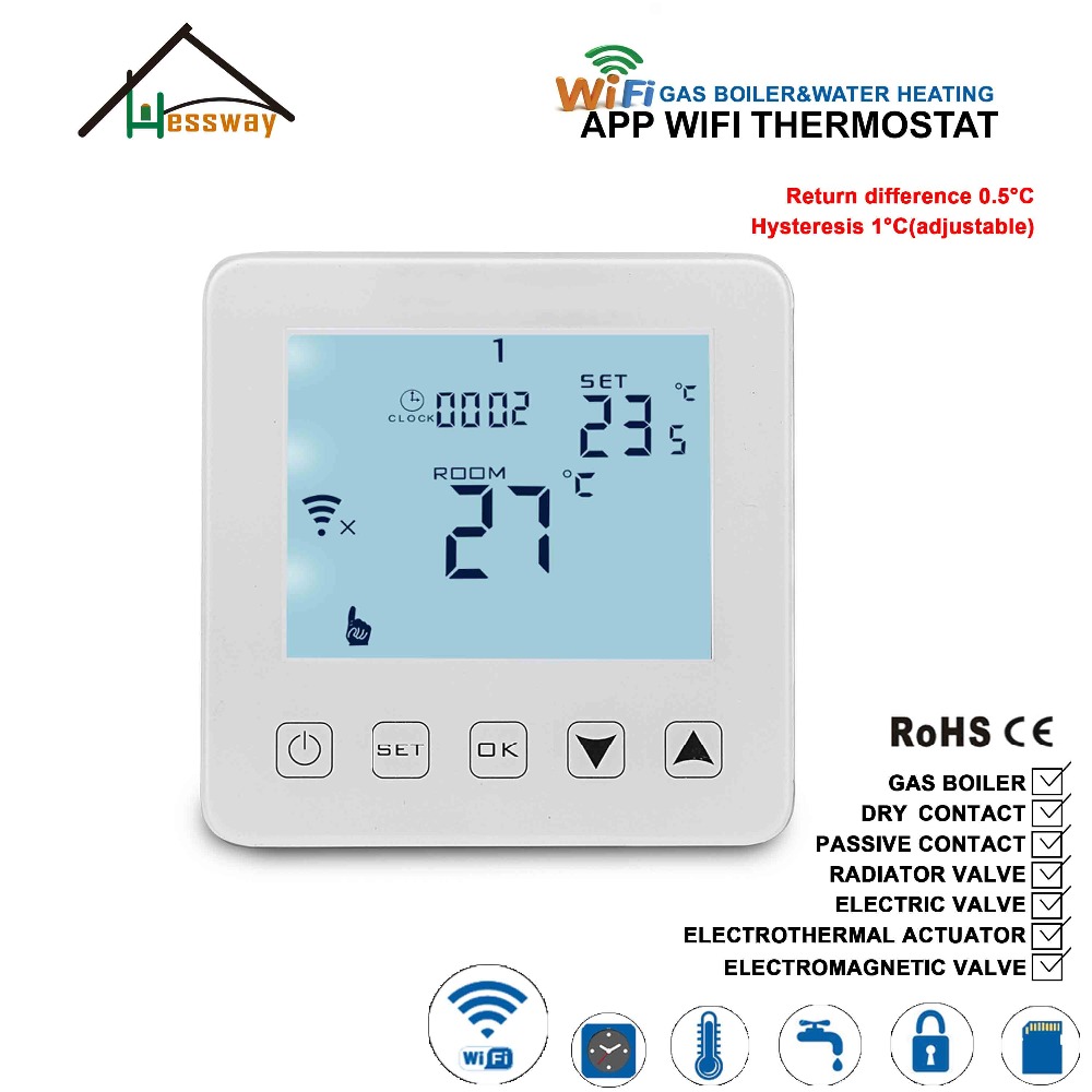 EU 100-240V 3A Hysteresis 1 Degree Gas Boiler Heating Thermostat WiFi for Water Heating, Radiator Valve, Dry Contact