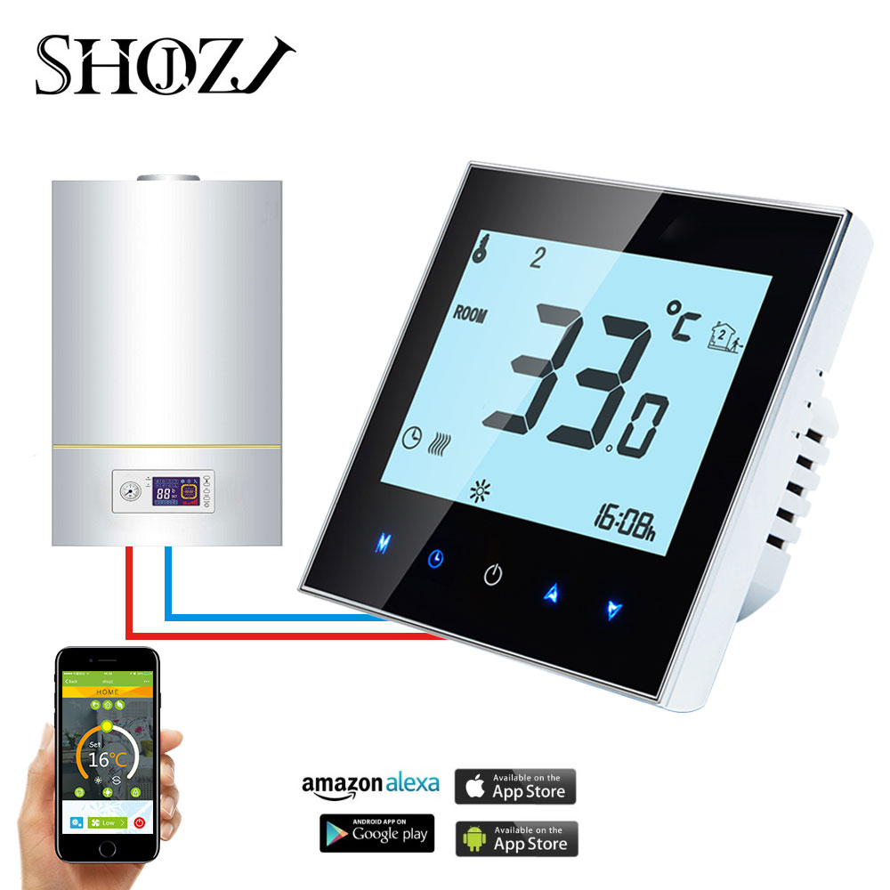 Echo Google Home IFtt Wireless APP WiFi Gas Boiler Touch Screen Room Thermostat Weekly Programmable Smart Temperature Regulator