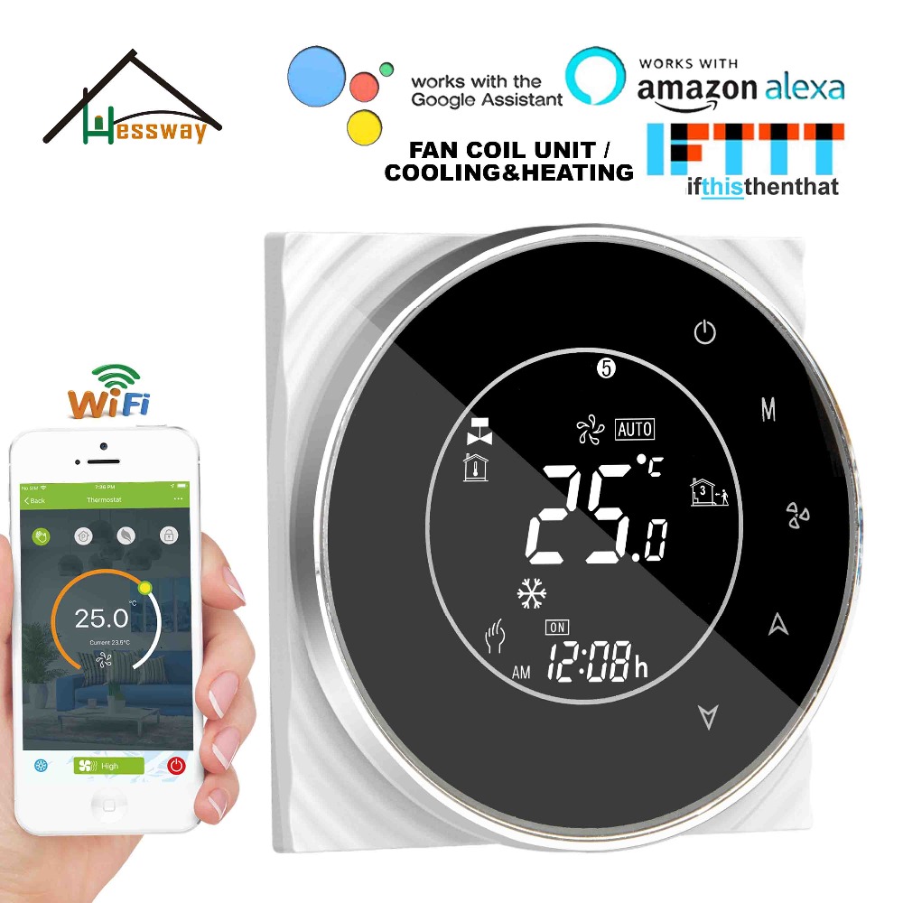 HESSWAY TUYA 24VAC 95~240VAC 2P Cooling Heating Air Conditioning Fan Thermostat WiFi for Works with Alexa Google Home