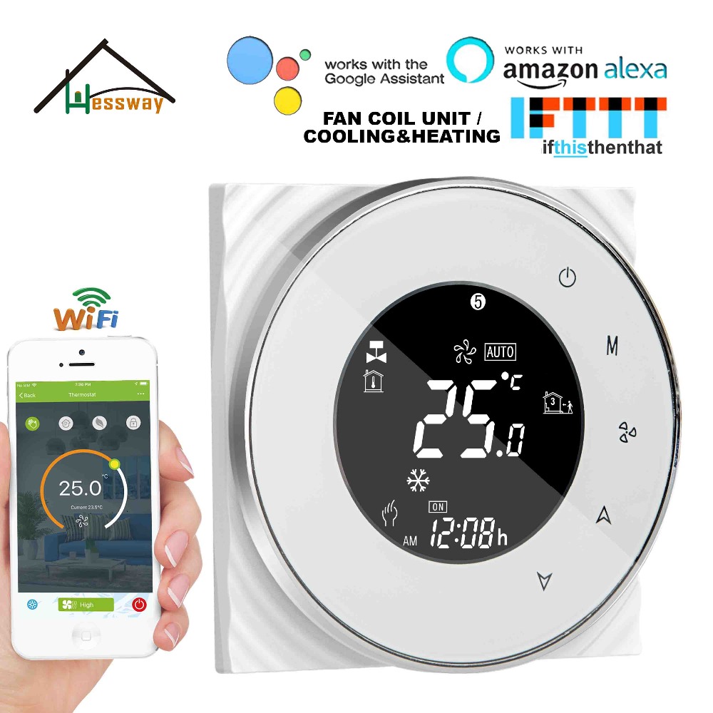 HESSWAY TUYA 24VAC 95~240VAC 2P Cooling Heating Air Conditioning Fan Thermostat WiFi for Works with Alexa Google Home