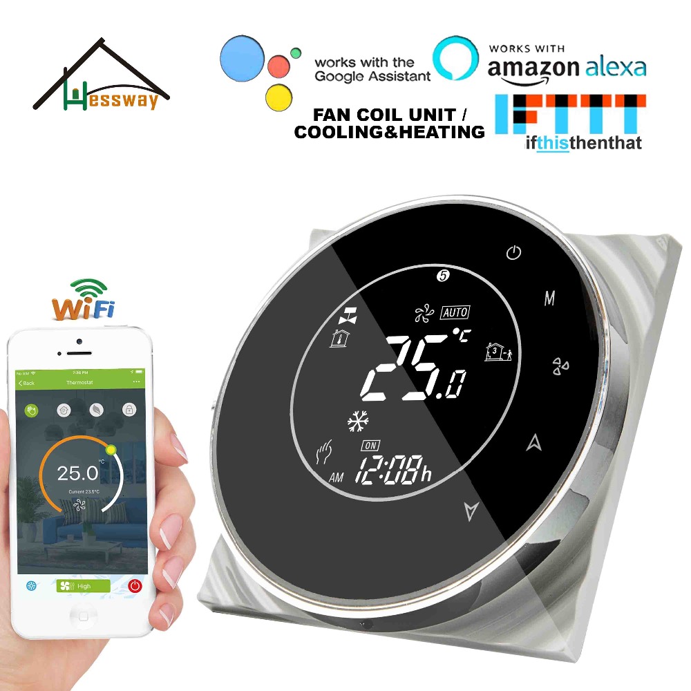 HESSWAY TUYA 24VAC 95~240VAC 2P Cooling Heating Air Conditioning Fan Thermostat WiFi for Works with Alexa Google Home