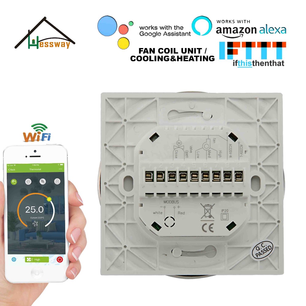 HESSWAY TUYA 24VAC 95~240VAC 2P Cooling Heating Air Conditioning Fan Thermostat WiFi for Works with Alexa Google Home