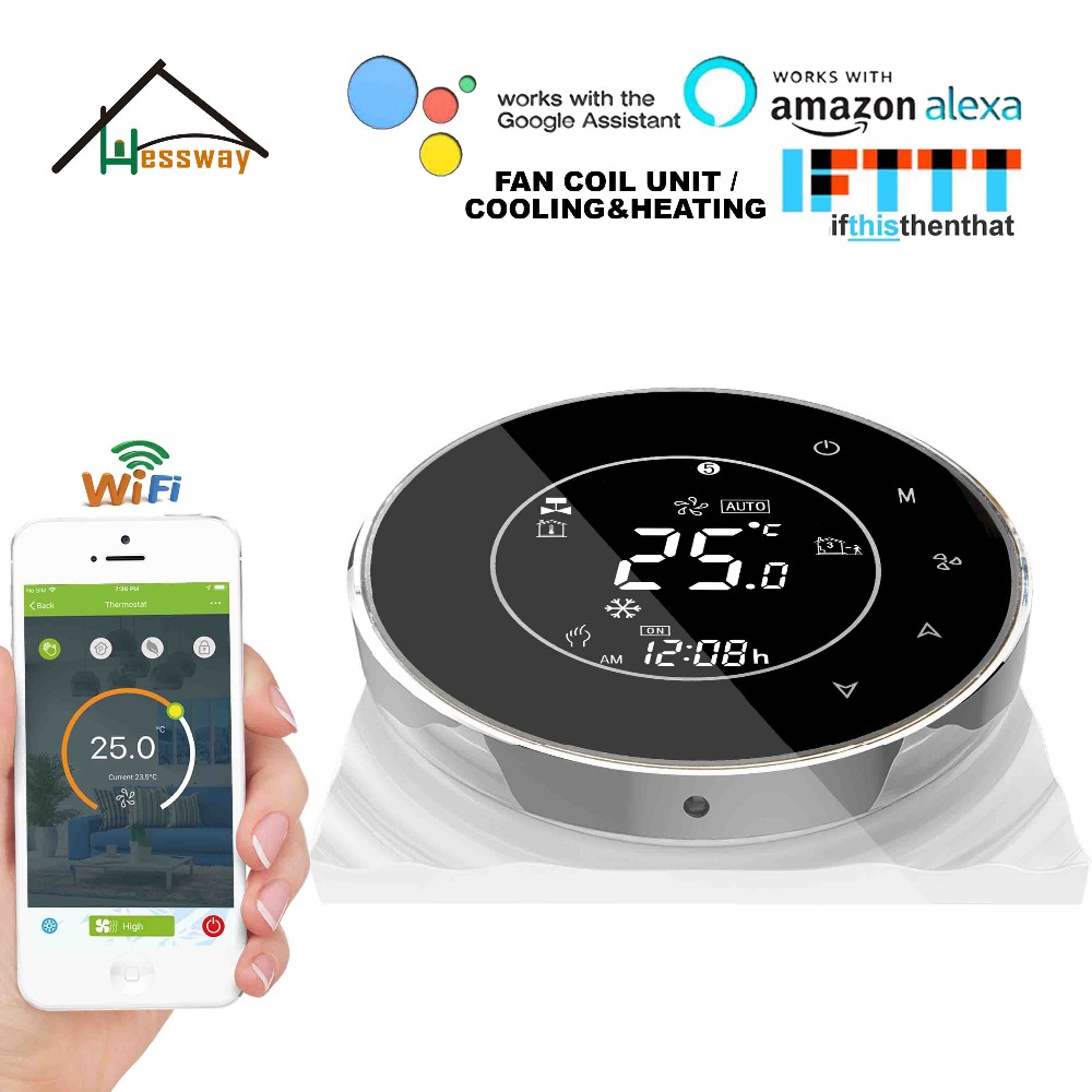 HESSWAY TUYA 24VAC 95~240VAC 2P Cooling Heating Air Conditioning Fan Thermostat WiFi for Works with Alexa Google Home