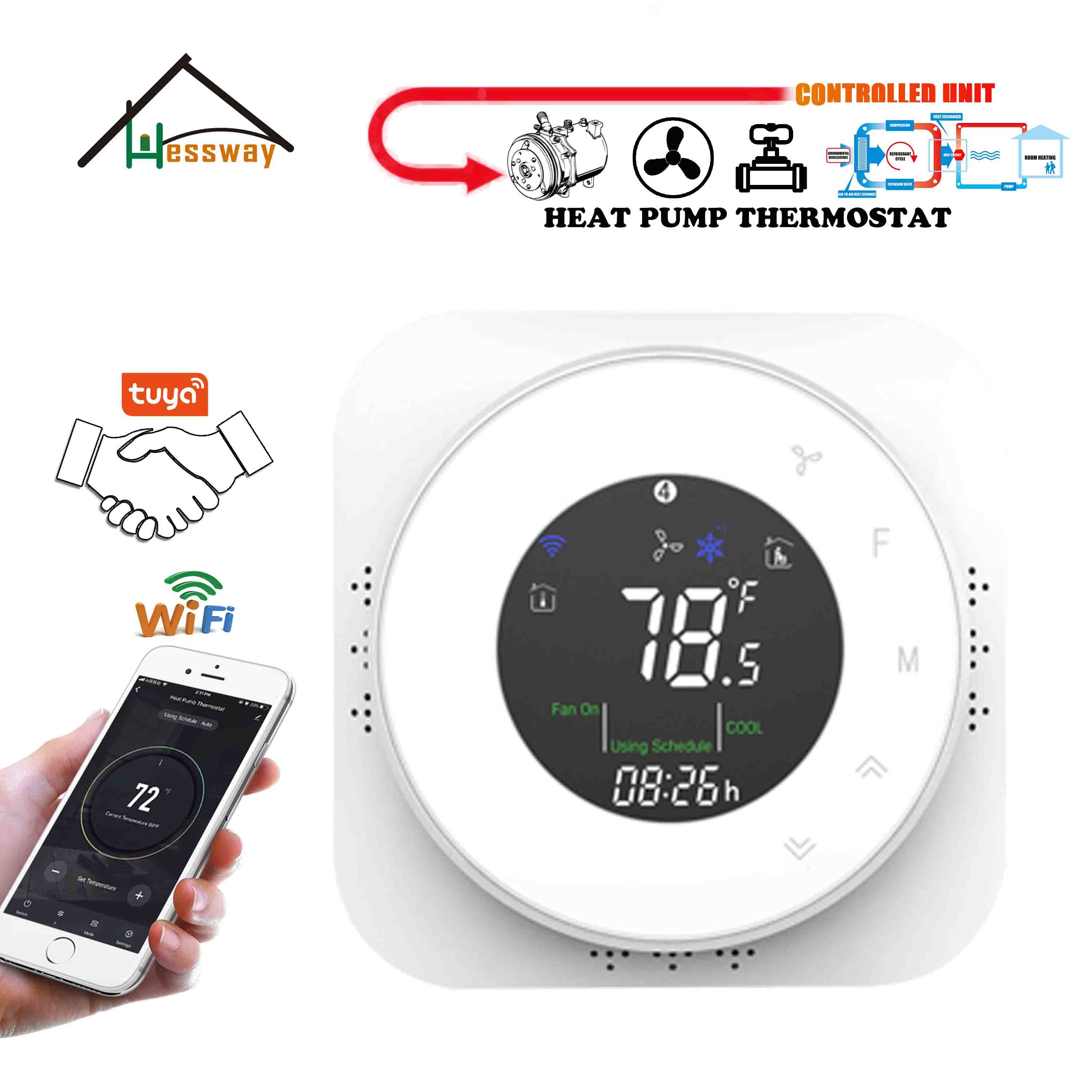 HESSWAY Heat Controller Heat Pump Thermostat for WiFi Air Energy Heating & Cooling Compressor Relay