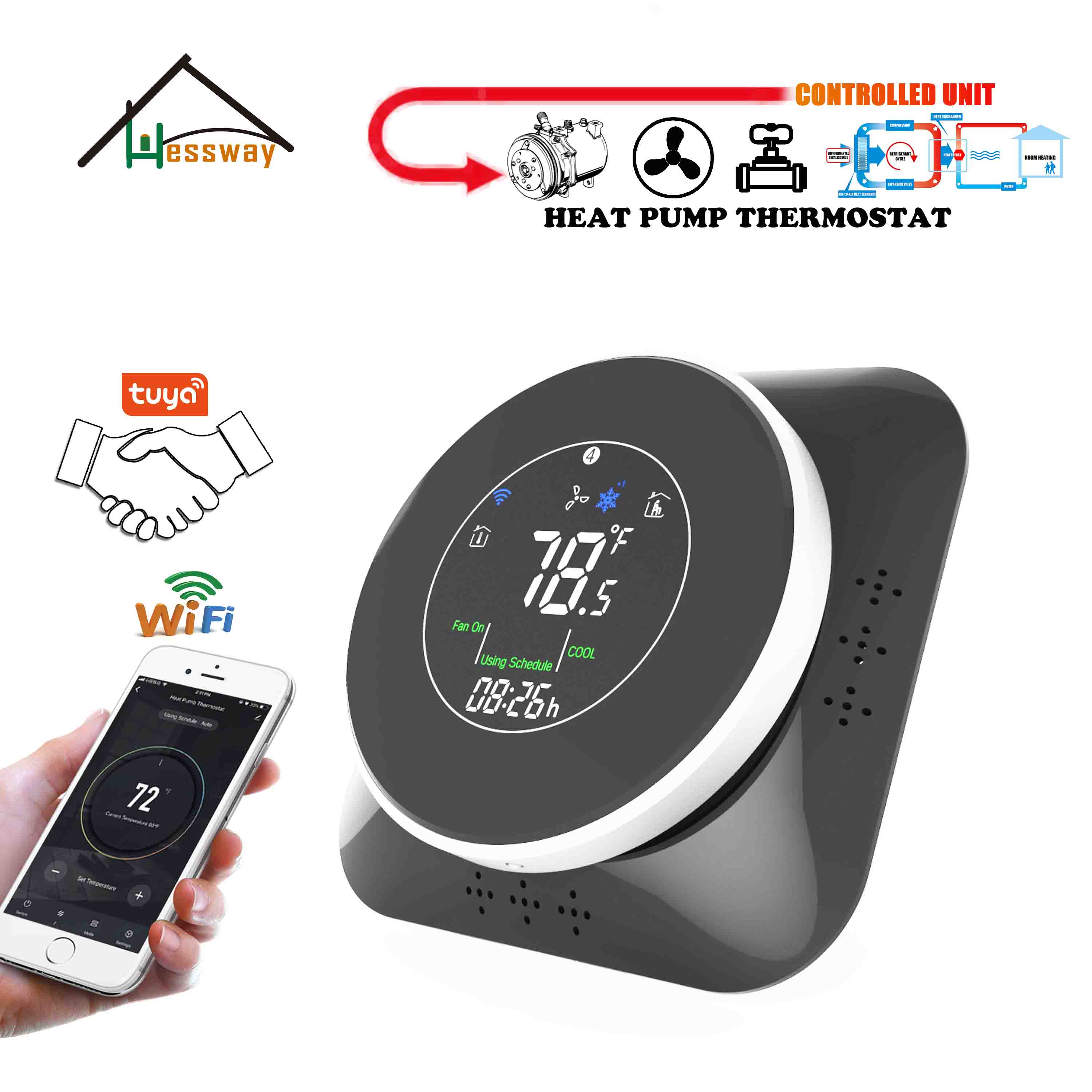 HESSWAY Heat Controller Heat Pump Thermostat for WiFi Air Energy Heating & Cooling Compressor Relay