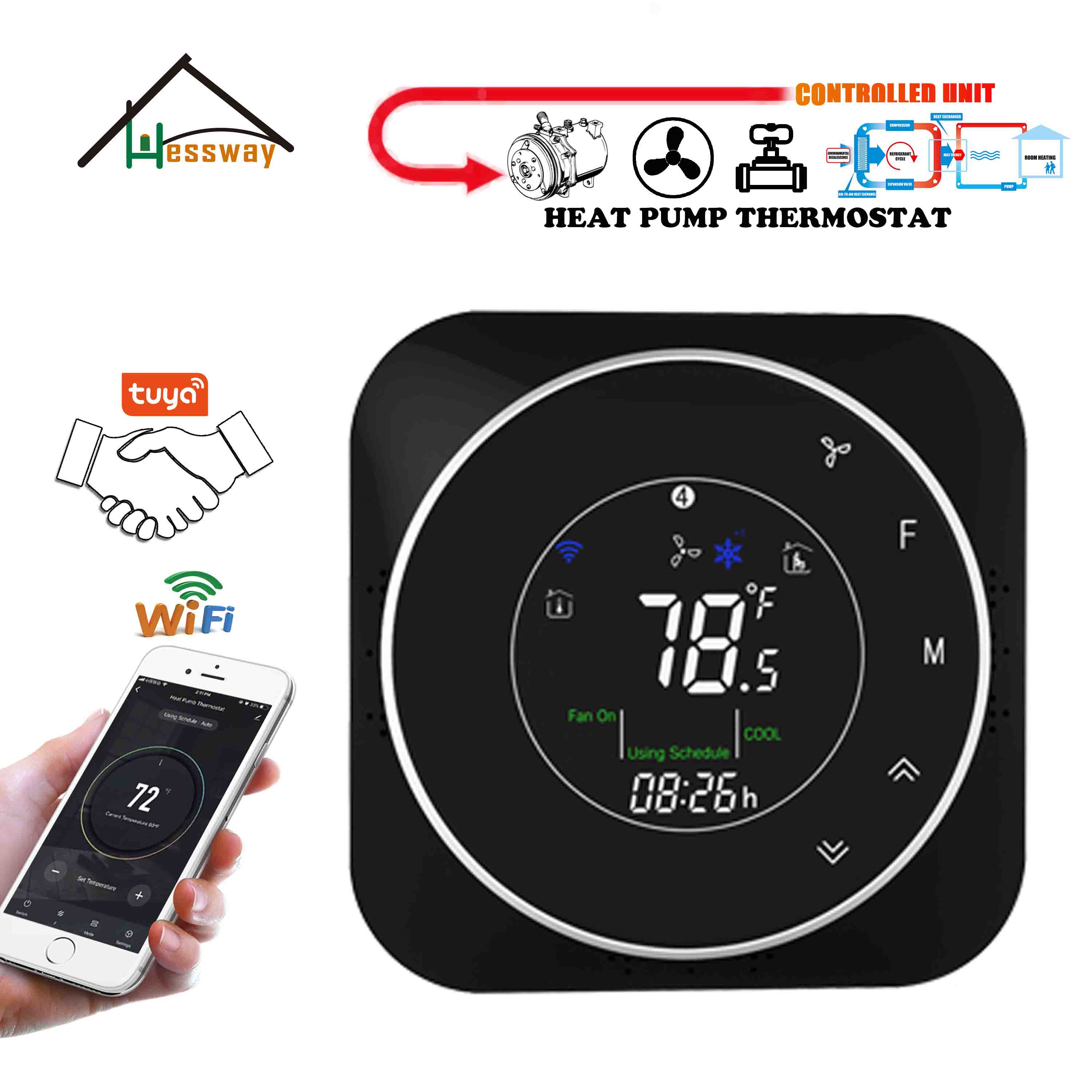 HESSWAY Heat Controller Heat Pump Thermostat for WiFi Air Energy Heating & Cooling Compressor Relay