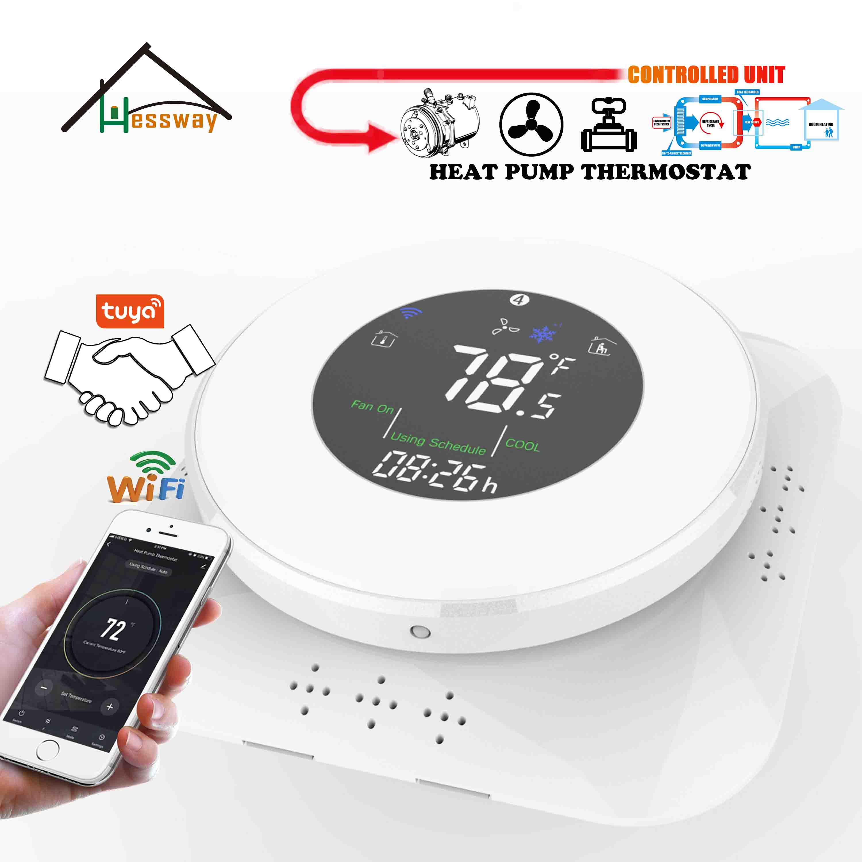 HESSWAY Heat Controller Heat Pump Thermostat for WiFi Air Energy Heating & Cooling Compressor Relay