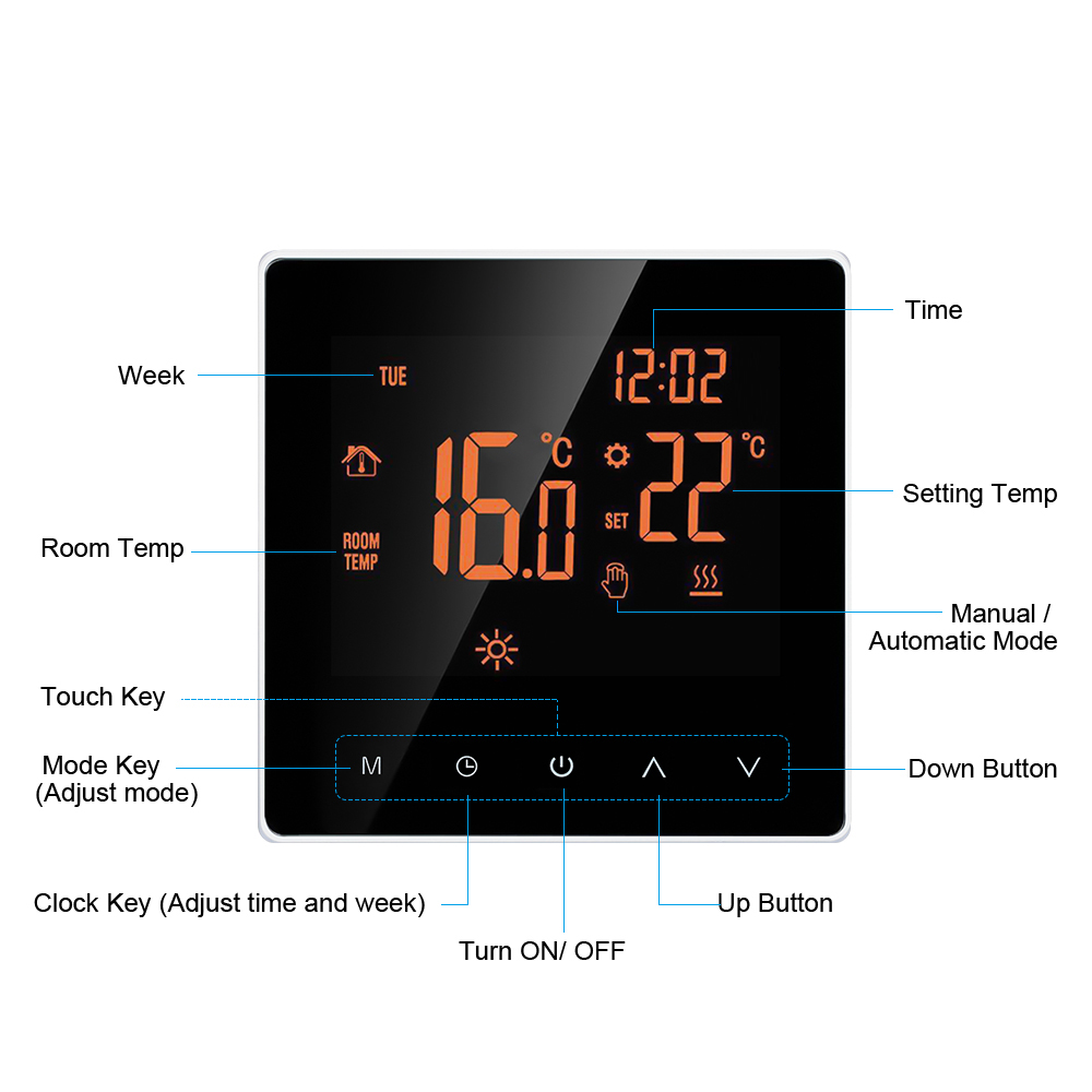 Thermostat 16A Wi-Fi /NO WiFi Orange / White Smart Thermostat Digital Temperature Controller APP Control LCD DisplayTouch Screen