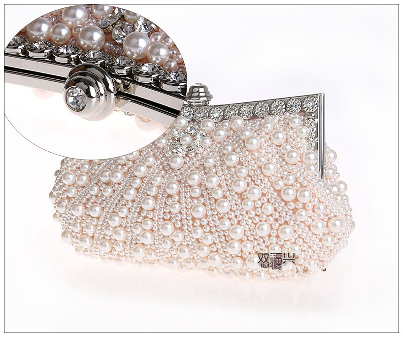 pearl beaded day clutch bag. fashionable great diamond white clutch purse with long chain