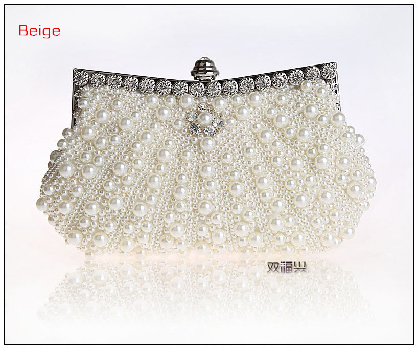 pearl beaded day clutch bag. fashionable great diamond white clutch purse with long chain