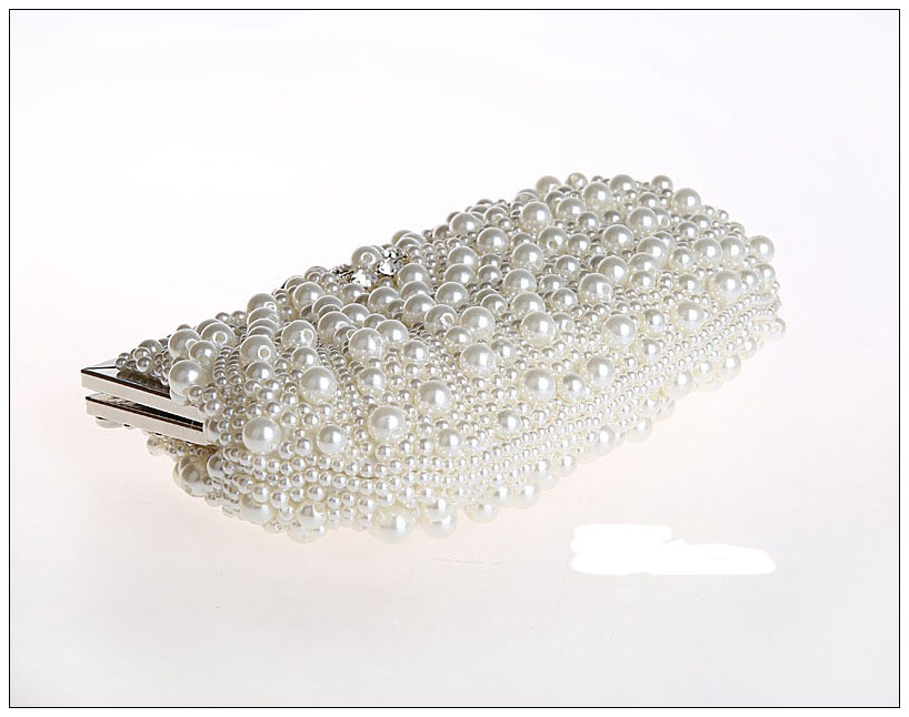 pearl beaded day clutch bag. fashionable great diamond white clutch purse with long chain