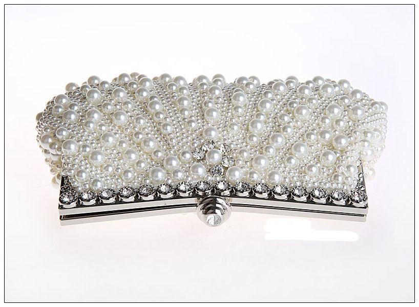 pearl beaded day clutch bag. fashionable great diamond white clutch purse with long chain
