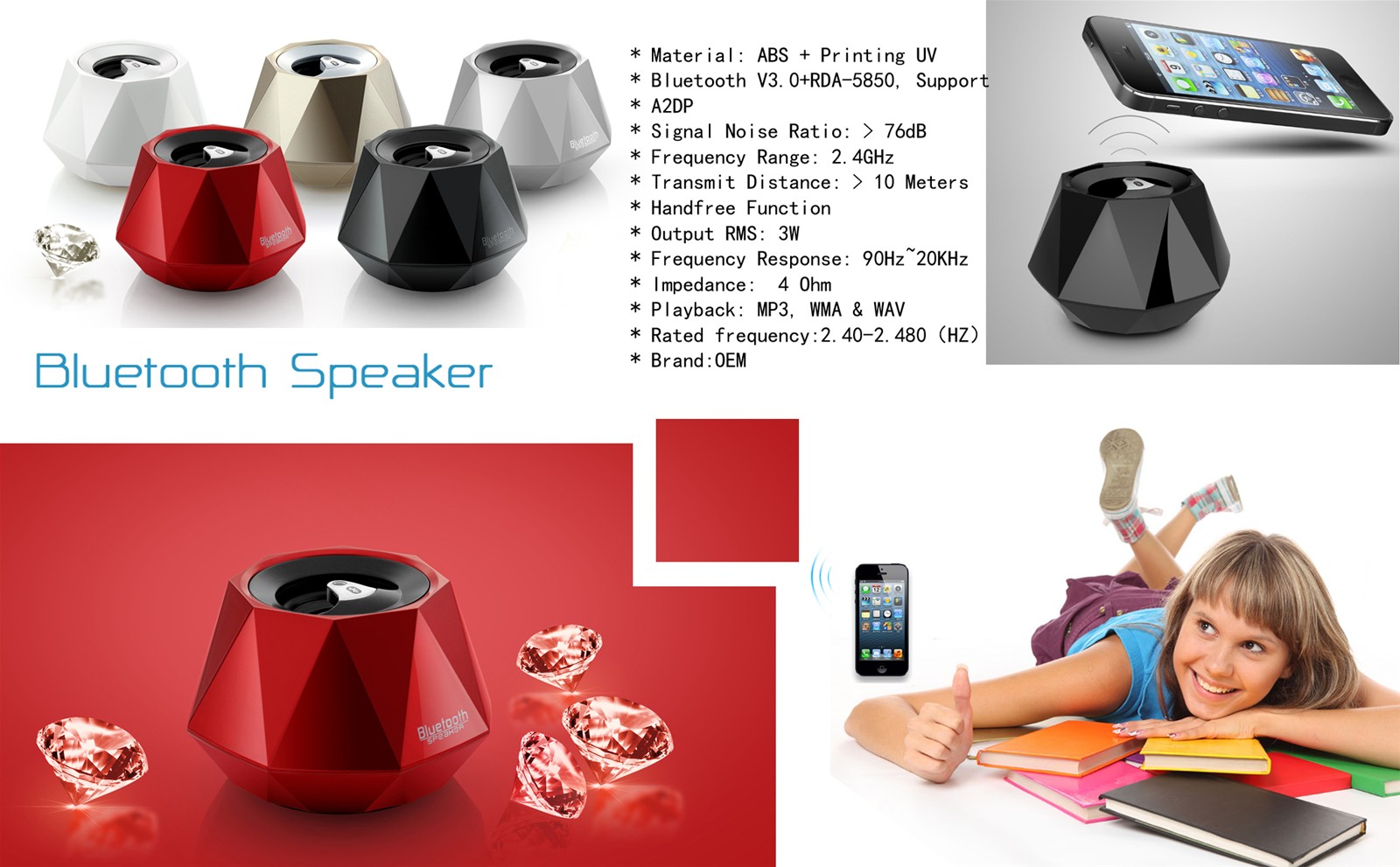 2014Hot selling diamond shaped Wireless mobile phone Bluetooth speaker