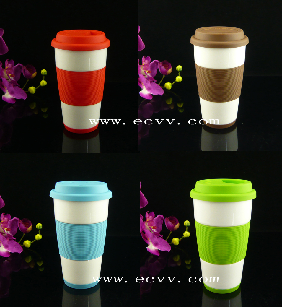 Porcelain single wall cup with silicone sleeve and lid Porcelain single wall cup with silicone sleeve and lid