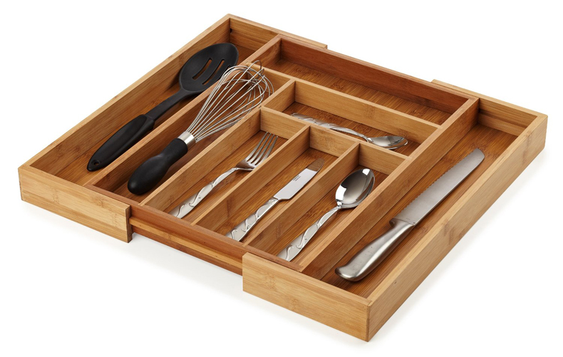 BH009/ 6-Slot Kitchen Bamboo Drawer Organizer With Flatware Cutlery Accessories or Gadgets Tray