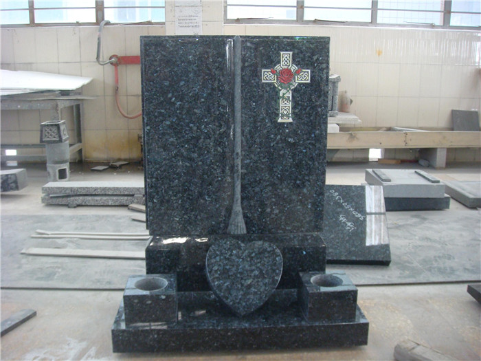 Blue pearl granite book shaped headstones with cross carving
