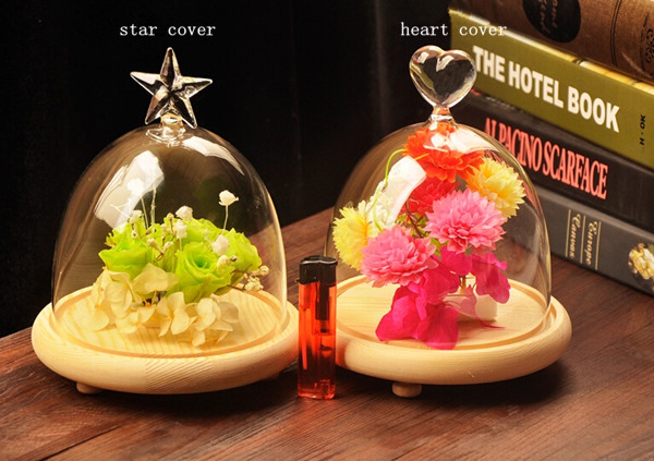 HeartandStarGlassDomeandWoodenBaseSetBeautifulGlassHomeDecoration