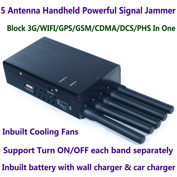 5 Antenna Handheld High Power Cell Phone Jammer Blocking 3G WiFi GPS GSM CDMA DCS PHS Signal