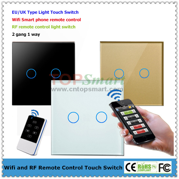 EU/UK Standard 2 Gang Wi-Fi or RF Remote Control Light Touch Switch With Crystal Glass Panel