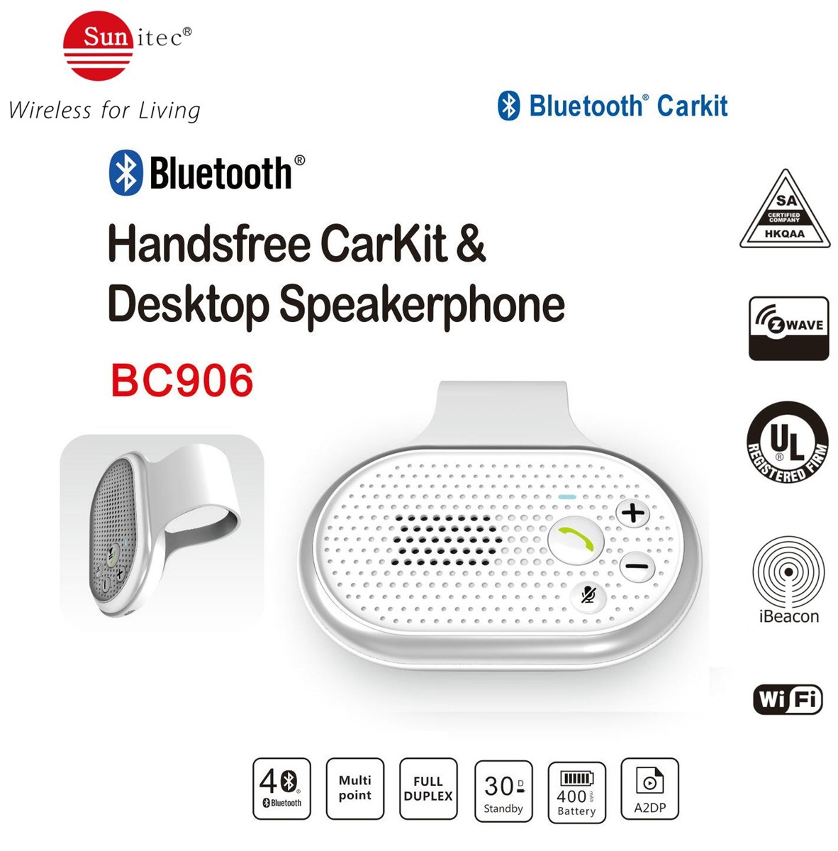 Multipoint Bluetooth Wireless In-car Speakerphone Hands Free Car Kit support 2phones simultaneously