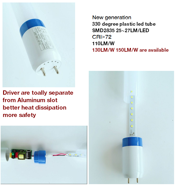 9W 330 Degree Plastic T8 LED Tube 110LMW 130LMW 150lmw 3 Years Warranty