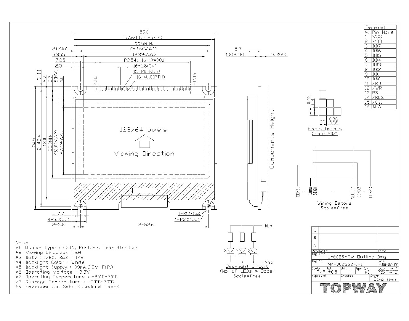 Cog LCD Display 128X64 LCM Lm6029acw