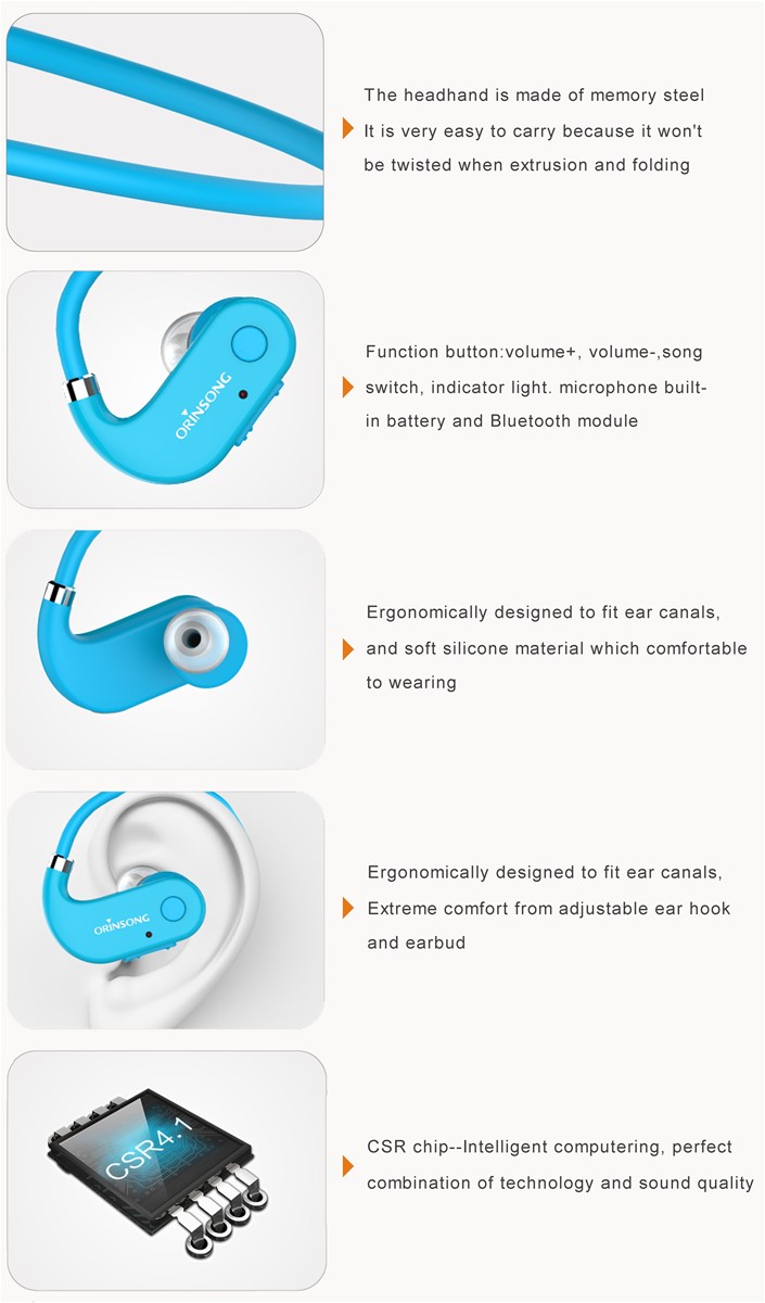 Orinsong Bluetooth Earphones with memory steel sports headsets