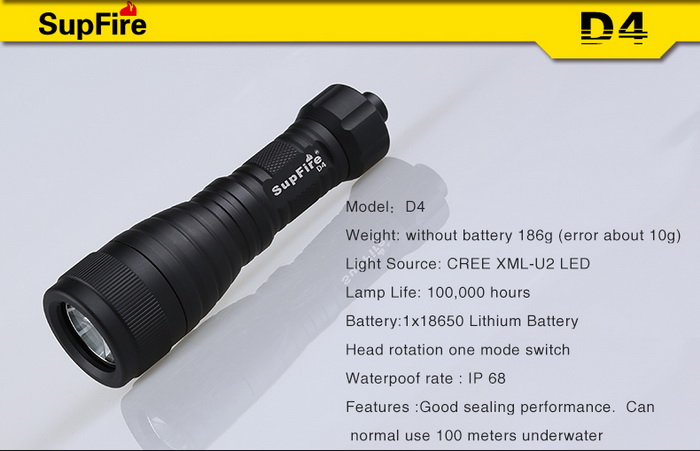 SupFire Waterproof Diving 1000lumens LED Torch D4