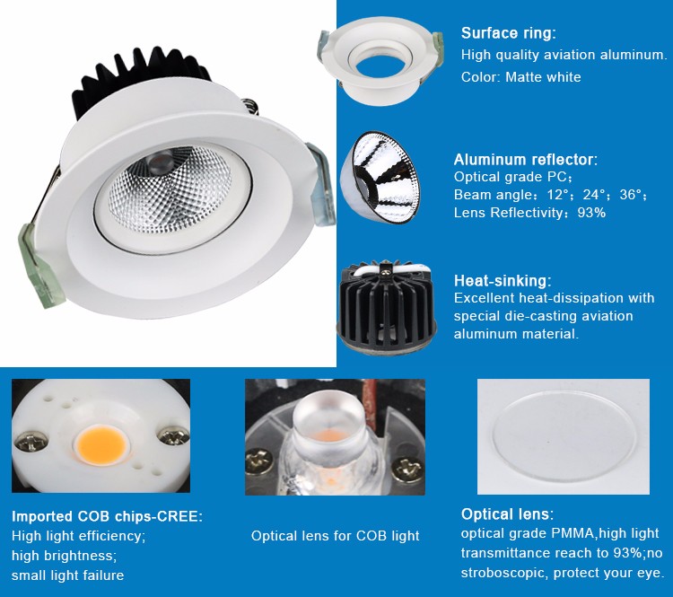 7W LED COB downlight spot round recessed mounted CE SASO certificate