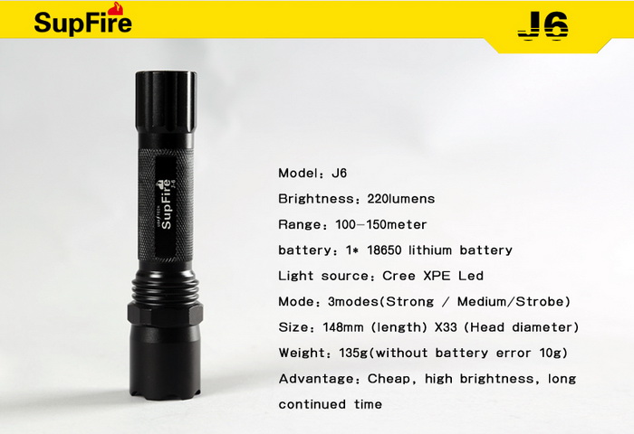 SupFire Pocket LED Rechargeable Flashlight J6