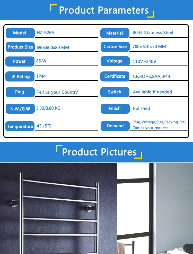 stainless steel polished electric heated towel rail warmer 926