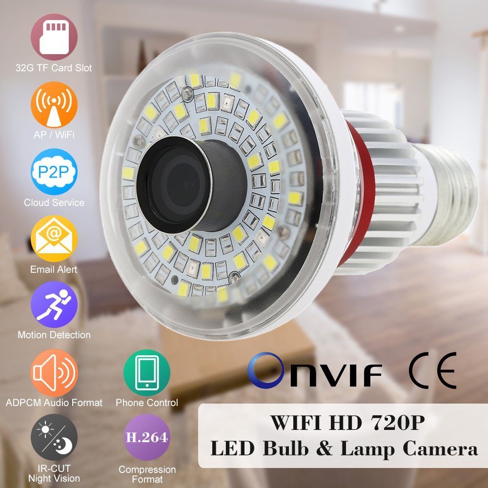 EAZZYDV Wireless HD720P Bulb WIFI Camera with LED light