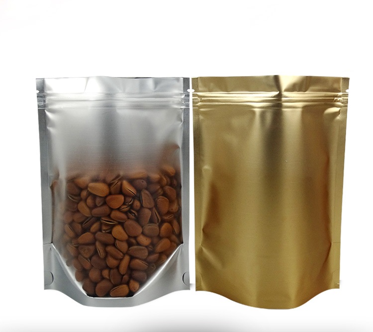 pouch standup zipper lock one side gold colors aluminized foil one side transparent bags