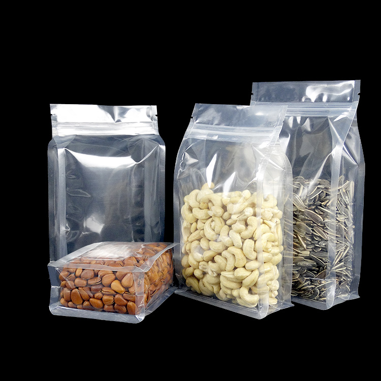 clear transparent boxpouch standup zipper eight side seal gusset snack packaging bags