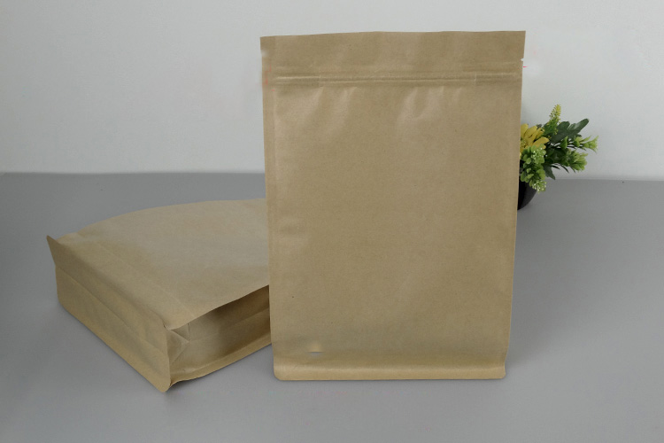 Kraft paper polythene boxpouch quad side seal flat bottom standup zipper lock snack packaging bags